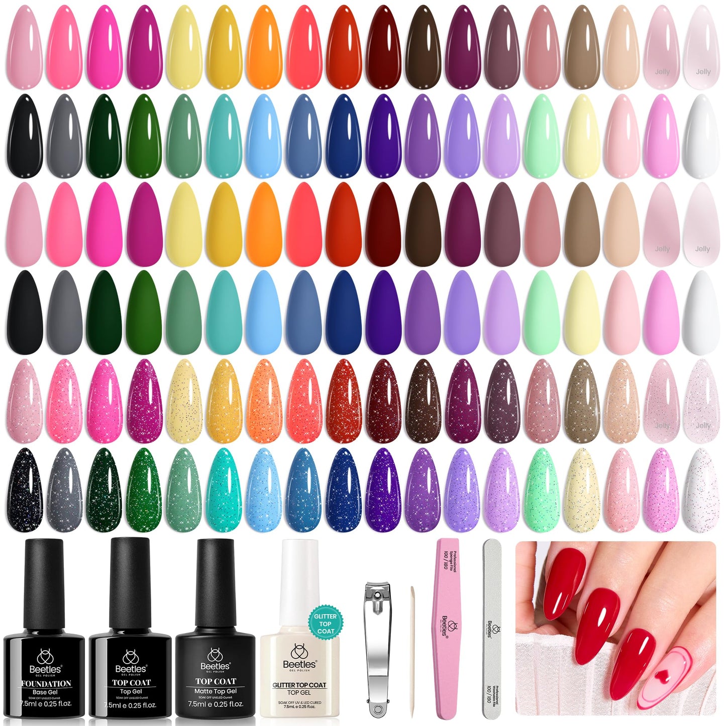 beetles Gel Polish 44pcs Fall Gel Nail Polish Set 36 Colors Brown Burgundy Red Blue Purple Orange Green Black Nude White with Base Top Coat UV LED Needed Salon DIY at Home Gift for Women Colorful Muse