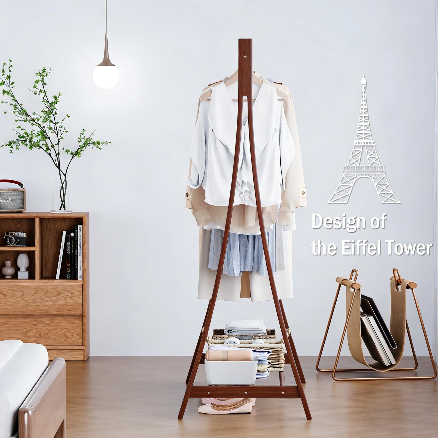 LEMODOR Wooden Retail Display Hanging Clothes Rack with Storage Shelf, 52" W x 57" H Freestanding Heavy Duty Clothing Drying Garment Rack for Hanging Clothes, Coat, Dress, Shirt, Hat