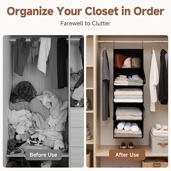 StorageWorks 5-Shelf Hanging Closet Organizers, Foldable Closet Storage