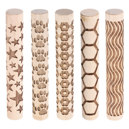 HARFINGTON 5pcs Wood Clay Roller 4"Lines Flower Paw Print Hexagon Star Pattern Rolling Pins Pottery Tools Wood Grain Texture Rollers for Clay Baking Dough Playdough DIY
