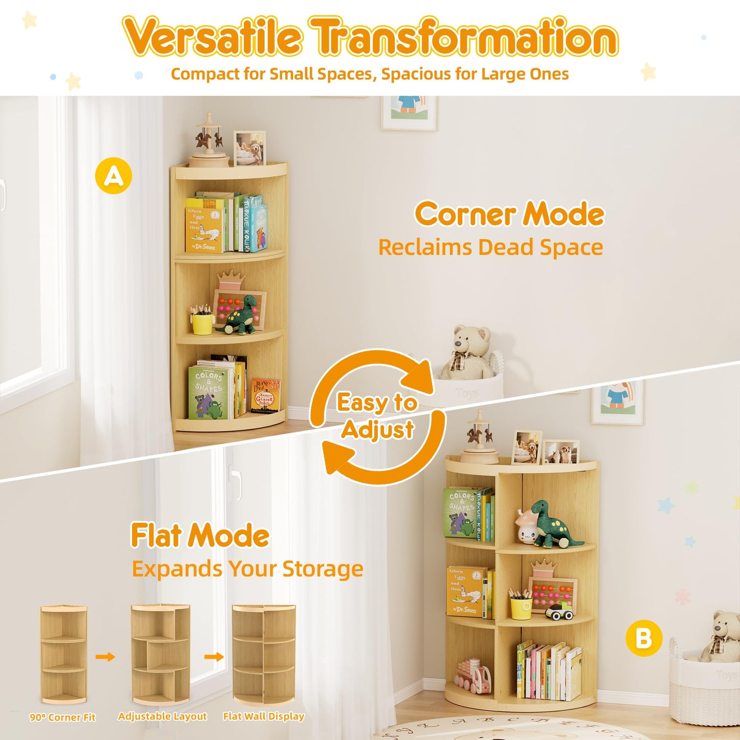 HAVLOTII Wooden Corner Kids Bookshelf, Extendable 3 Tier Montessori Bookcase for Children, Toy Storage Organizer, Space-Saving Book Shelf for Kids Rooms, Classroom, Playroom, Nursery, Daycare