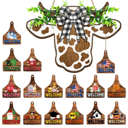 Suzile 16 Pcs Cow Decor Welcome Sign Wooden Cow Head Door Wreath Sign with Buffalo Plaid Bow Interchangeable Hanging Ornaments for Christmas Farmhouse Home Front, 16.5 x 12 Inch