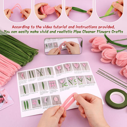 UzecPk Pipe Cleaner Flower Kit, Pipe Cleaners Bulk, Chenille Stems Pink Pipe Cleaner Craft, Pipe Cleaners Flowers with Floral Wire, Floral Tape, Instructions for Mother's Day Craft Home Decoration