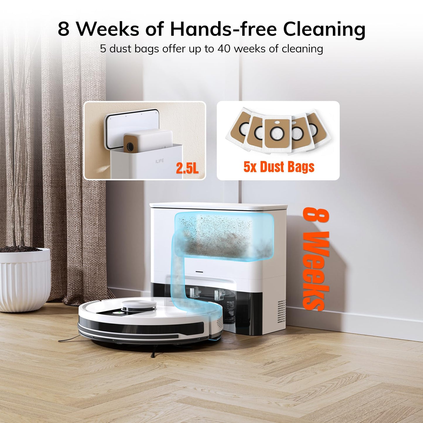 ILIFE A12 Pro Robot Vacuum and Mop Combo, Self Emptying Station for 60 Days, LiDAR Navigation, Home Mapping, No-Go Zones, 2.4G WiFi/App/Alexa/Remote Control, for Hard Floors, 110V