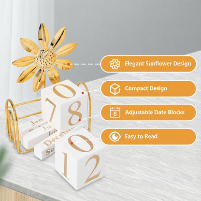 SUPVOX Wooden Perpetual Calendar Blocks for Desk, Office, Home Decor, Adjustable Wood Month Date Display Blocks, Sunflower Design, 4.72 X 3.54 X 1.57 Inches