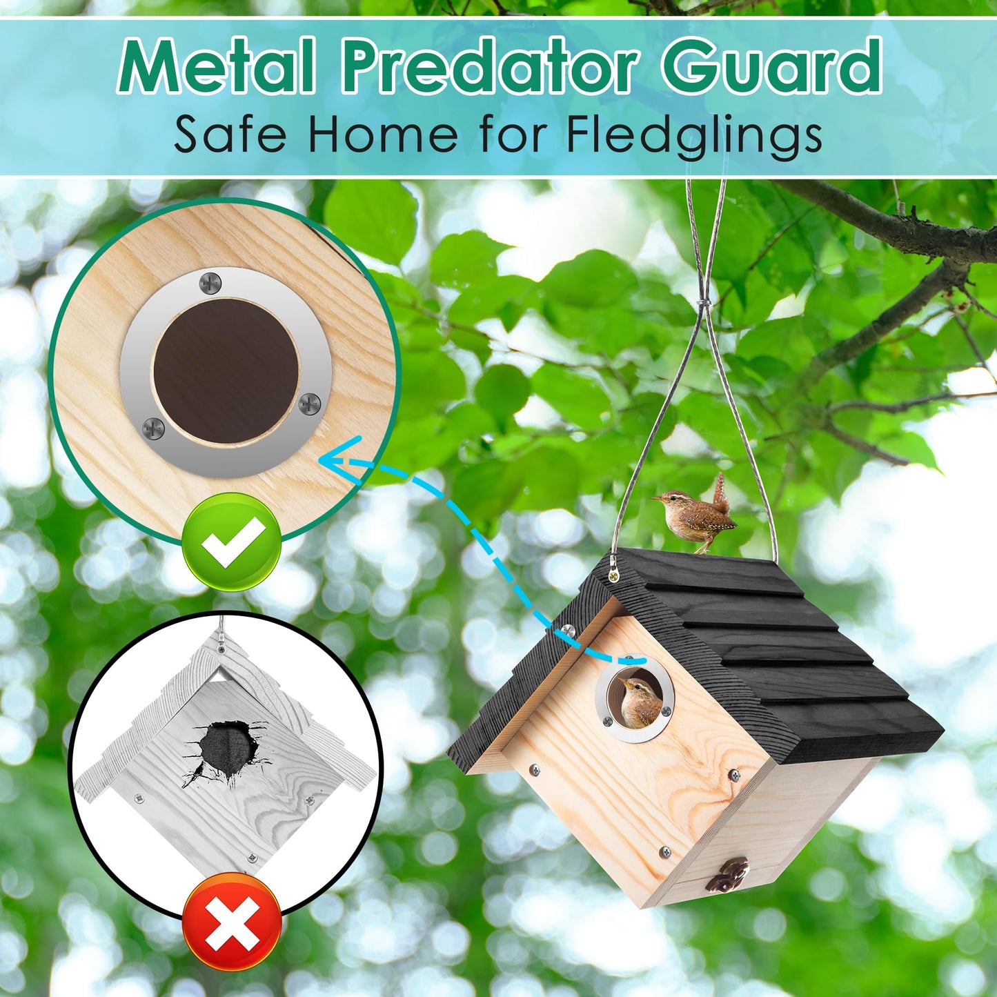 Dreyoo 1 Pack Wren House, 1-1/8'' Entrance Hole Hanging Wooden Wren Bird Houses for Outside with Metal Guard, Air Vents, Pine Wood for Chickadees(Black)