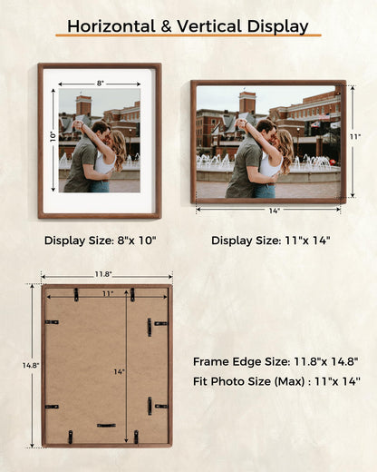 RICHFOCUS 11x14 Picture Frame USA-Sourced Natural Walnut Solid Wood Photo Frame Handcrafted Rounded Corner Wooden Frame with Real Glass Display Photos 8x10 with Mat or 11x14 Without Mat