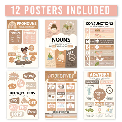 Parts of Speech Posters for Classroom Must Haves - 12 Grammar Posters, Writing Process for Homeschool, Elementary & Middle School, ELA 3rd 4th & 5th Grade Teacher Must Haves, Boho Classroom Decor