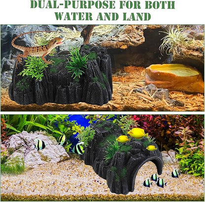 Fish Tank Hideout Cave Decor,Resin Rock Mountain Tunnel with Moss Plants Betta Cichlid Habitat Shelter for Aquarium Fish Tank Accessories 9.5 x 6 x 4 Inch