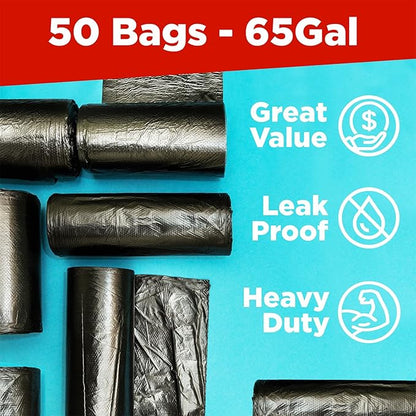 ToughBag 64-65 Gallon Trash Bags Heavy Duty, 50 x 48” Large Black Garbage Bags