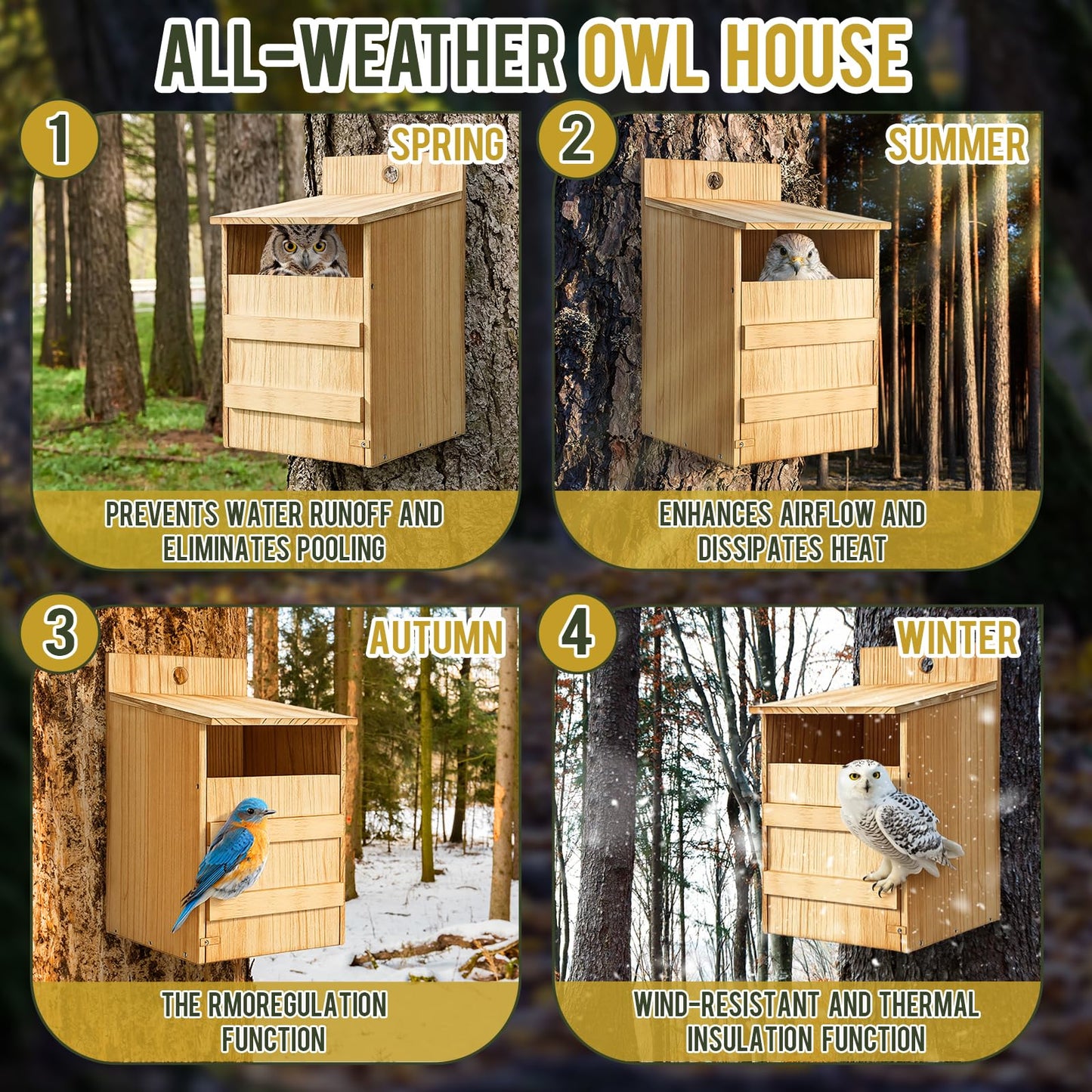 AceOrbit 2 Pack Large Squirrel House Screech Owl Nesting Box Kit for Outside 15.4 x 10.5 x 9'' Carbonized Wooden Bird House Opening Easy Assemble Easter Shelter Gift with Water Bowl Wood Shavings Tool