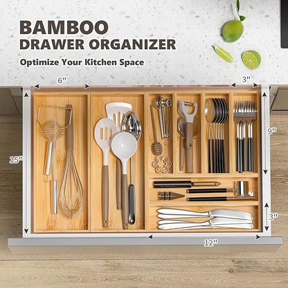 Kitchen Drawer Organizer Bins, Stackable Bamboo Deep Drawer Organizer for Silverware, Utensils, Cutlery, Flatware, Junk Drawer, Dresser, Bathroom, 15" x 6" x 2.5" (Set of 2)
