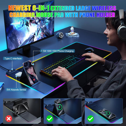 Mouse Pad with Wireless Charging, Large Desk Mat RGB Gaming Mousepad, 10 Light Colors LED Gaming Pad Keyboard Pad with Ultra-Smooth Surface & Non-Slip Rubber Base, Waterproof Full Desk Mouse Pad