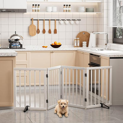 Semiocthome Bamboo Dog Gate with 2 Stands, Freestanding Puppy Gate for Doorways & Stairs - 24" Height, 4 Panels, Adjustable White Safety Fence