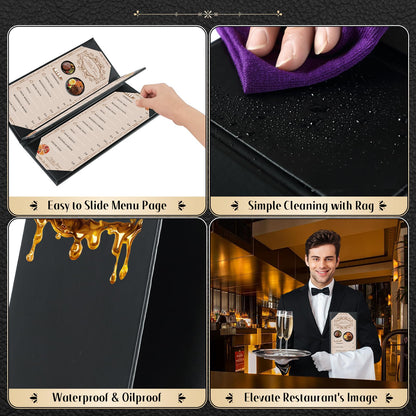 FLKQC Restaurant Menu Covers Holders 4.25" x 11" | Pack of 10 Synthetic Leather Triple Fold Panels 4 View Angled Corners Black for Wine List, Drinks (10, Triple Fold Panels 4 View (4.25 x 11 inch))