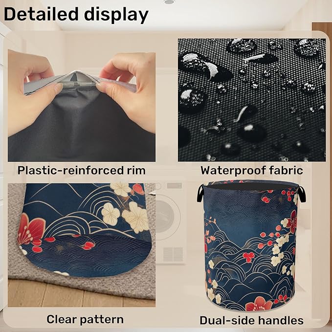 Japanese Cherry Blossom Laundry Basket, Space Saving Foldable Design