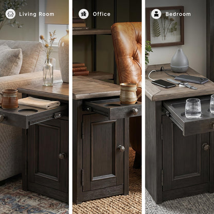 Signature Design by Ashley Tyler Creek Rustic Chair Side End Table with Pull-Out Tray & USB Ports, Brown