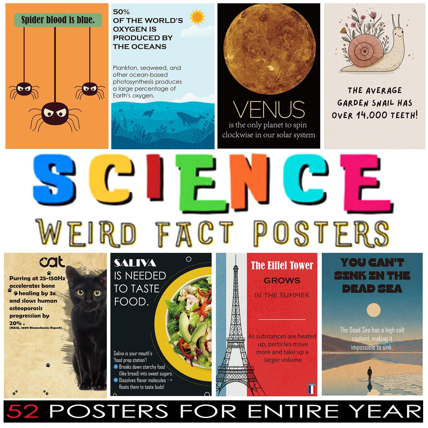 Magictodoor Weird Science Funny Fact Posters - 52 Classroom Decor Set for Bulletin Board & STEM Education