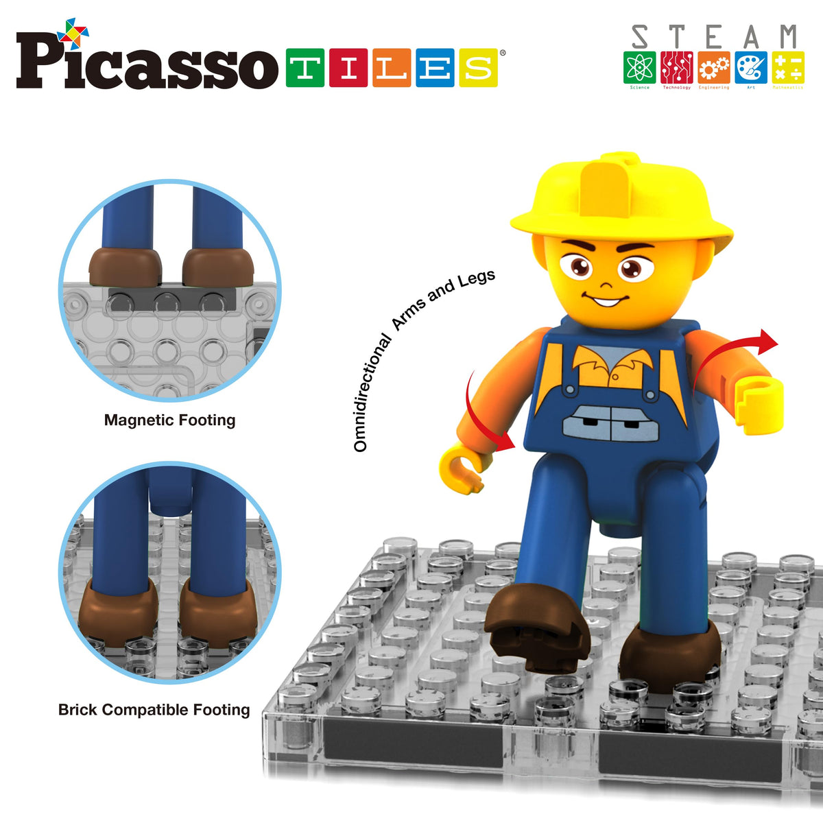 PicassoTiles Magnet Tiles Building Block 2-in-1 Excavator & Backhoe Brick Compatible Construction Playset with Car Base Magnetic Character Action Figure STEM Educational Learning Toy Kit Age 3+ PTU04