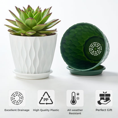 FaithLand 6-Pack 6-Inch Plastic Plant Pots with Saucers | Thickened PP Material, Modern Wave Texture, Enhanced Drainage for Indoor/Outdoor Garden Plants | Tricolor Value Set