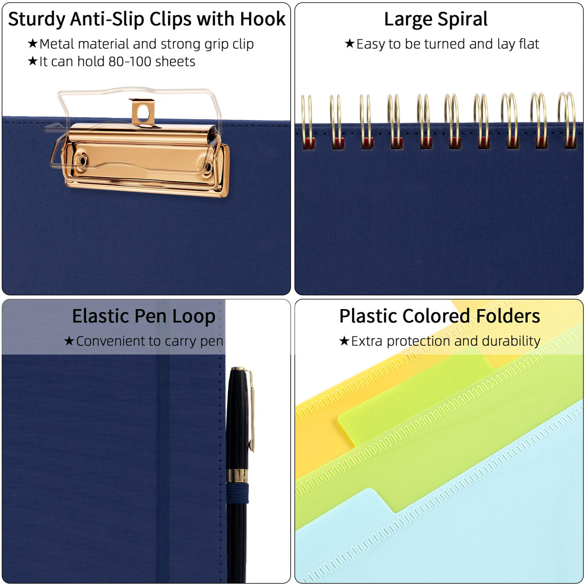 Ospelelf Bule Foldable Spiral Clipboard Folio with Storage Zipper Pouch, 5 Plastic Folders with 10 Pockets, Refillable Lined Notepad (11" x 8.5"), Linen Hardcover Project Organizer