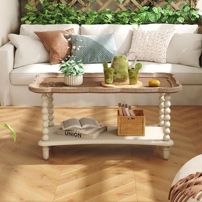 Function Home Farmhouse Coffee Table, 2-Tier Center Table with Storage Shelf, 39.8" French Country Rectangle Accent Table with Natural Tray Top and Spindle Legs for Living Room Balcony, Antique White