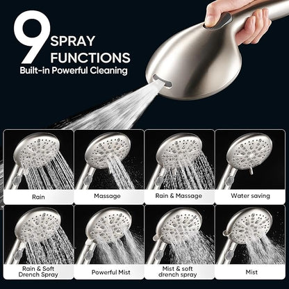 Cobbe 9-Function Shower Head with Built-in Power Spray, 1.8 GPM Water Saving ON/OFF Toggle Switch, High Pressure Handheld Showerhead with 1-Click Pause Button, Brass Bracket & 6ft Hose, Brushed Nickel