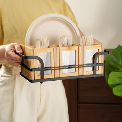 OTTENON Silverware Caddy Wood Utensil Holder Cutlery Flatware Paper Plate Dispenser Organizer for Spoons Forks Plates Napkins (Acrylic)