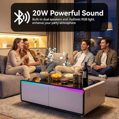 LIVTAB Smart Coffee Table, 27.8" D x 51" W x 18.1" H, Living Room Table with Built in Fridge and Speakers, Smart Table with 15W Wireless Charging, USB Chargers and 110V Outlets (White)