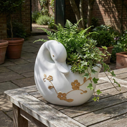Elenon Goose Planter for Succulents Indoor Outdoor with Drainage Hole, Unique Home Garden Decor Resin Cute Flower Pot Gift Idea for Plant Lovers (White)