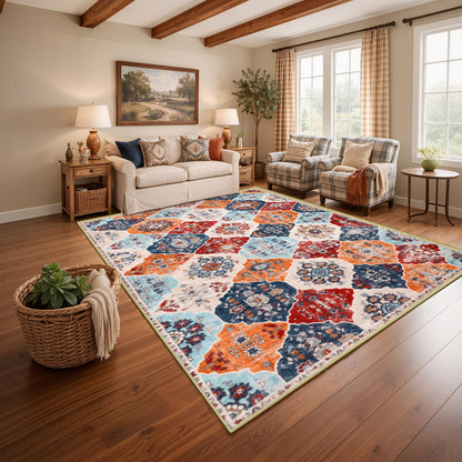 FLYRUGGO Area Rugs, 5x7 Washable Boho Throw Rug Indoor, Moroccan Trellis Bohemian Ultra Soft Large Non-Slip Carpet for Living Room Dining Room Office Bedroom (001-Orange/Multi, 5x7)