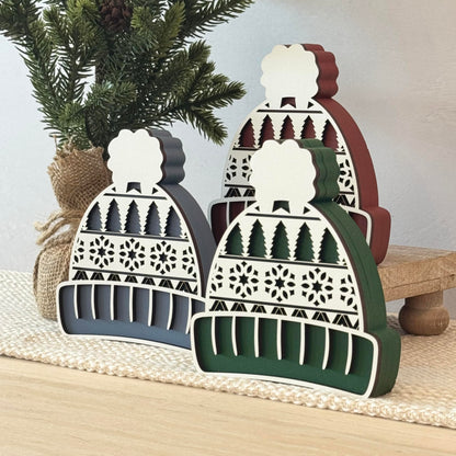 Winter Hat Shelf Sitter, Chunky Wooden Cozy Winter Decor for Tiered Tray Styling, Rustic Farmhouse Holiday Mantel Accent (Forest Green)