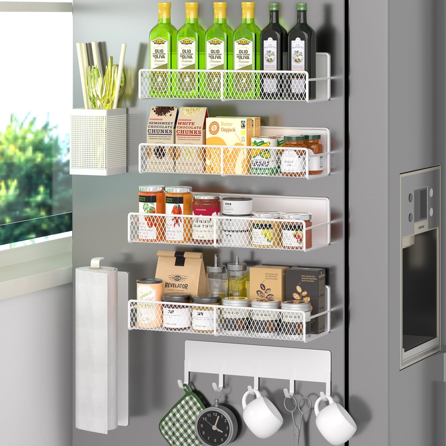 Magnetic Spice Rack for Refrigerator, 6 Pack 100% Metal Strong Magnet Shelf, Space Saving Spice Organizer, Home Kitchen Laundry Room Storage Organization W/ Paper Towel Holder, Utensils Racks (Grey)
