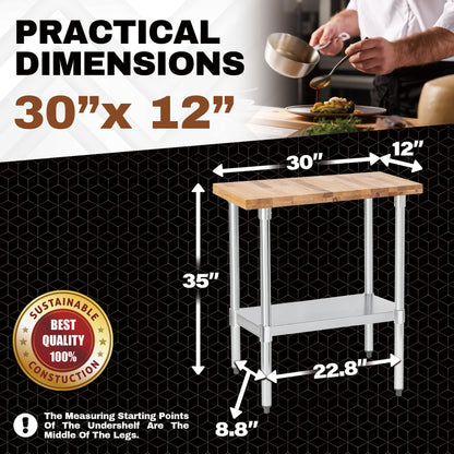DuraSteel US Maple Top Work Table - 30 x 12 x 35 Inch Commercial Butcher Block Wooden Workbench with Adjustable Lower Shelf - Fits Restaurant, Warehouse, Home, Kitchen, Garage