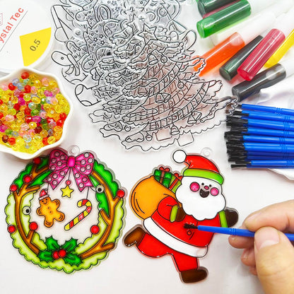 AUEKIV Christmas Suncatcher Kit 30 Sets Christmas Sun Catcher Window Paint Art DIY Craft Kits Santa Snowman Snowflake Reindeer Suncatchers Decoration for Classroom Holiday Home Party Activity Project