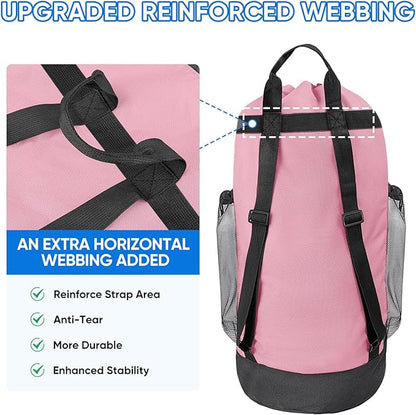 BALEINE 150L Laundry Bag Backpack, 900D Oxford Fabric Large Travel Laundry Bags with Shoulder Straps and 2 Mesh Pockets for College Dorm, Apartment, Laundromat (Pink, 150L)