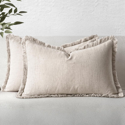 MIULEE Christmas Decorative Throw Pillow Covers Neutral Linen Fringe Fall Throw Pillows Set of 2 Natural Beige Boho Farmhouse Cushion Covers with Tassels for Couch Sofa Bed Home Decor 20x20 Inch