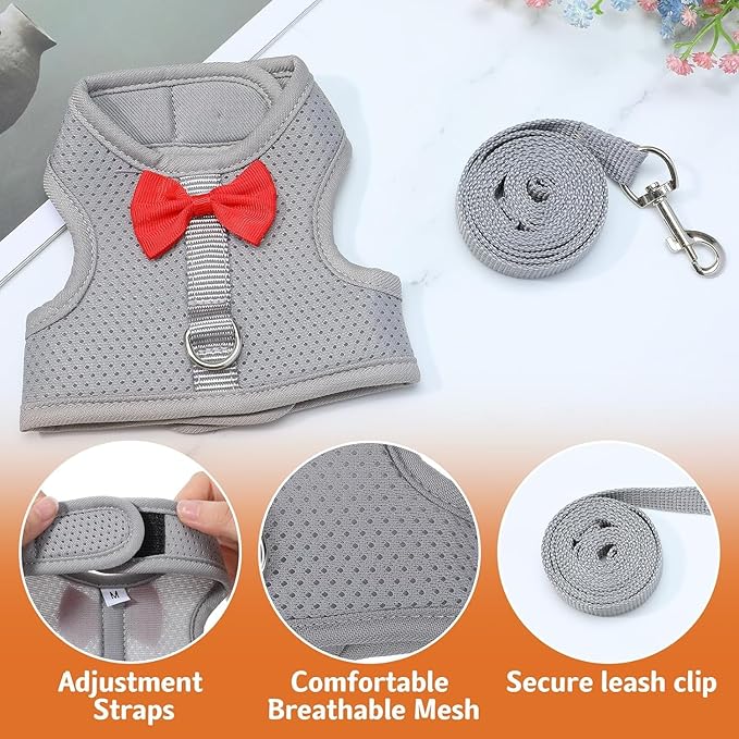 Light Blue Rabbit Harness and Leash Set, with Cute Bow Soft Breathable Mesh Bunny Vest Harness for Rabbits Kitten Ferret Puppy Small Pets Walking, M