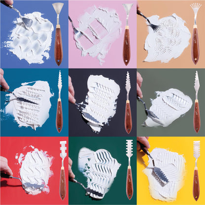 Creative Mark Painting Palette Knife Set FX Special Effects Flexible Stainless Steel Mixing & Painting Spatula Knife Set Wood Handle Create Texture With 9 Distinctive Blade Shapes [Set of 9]