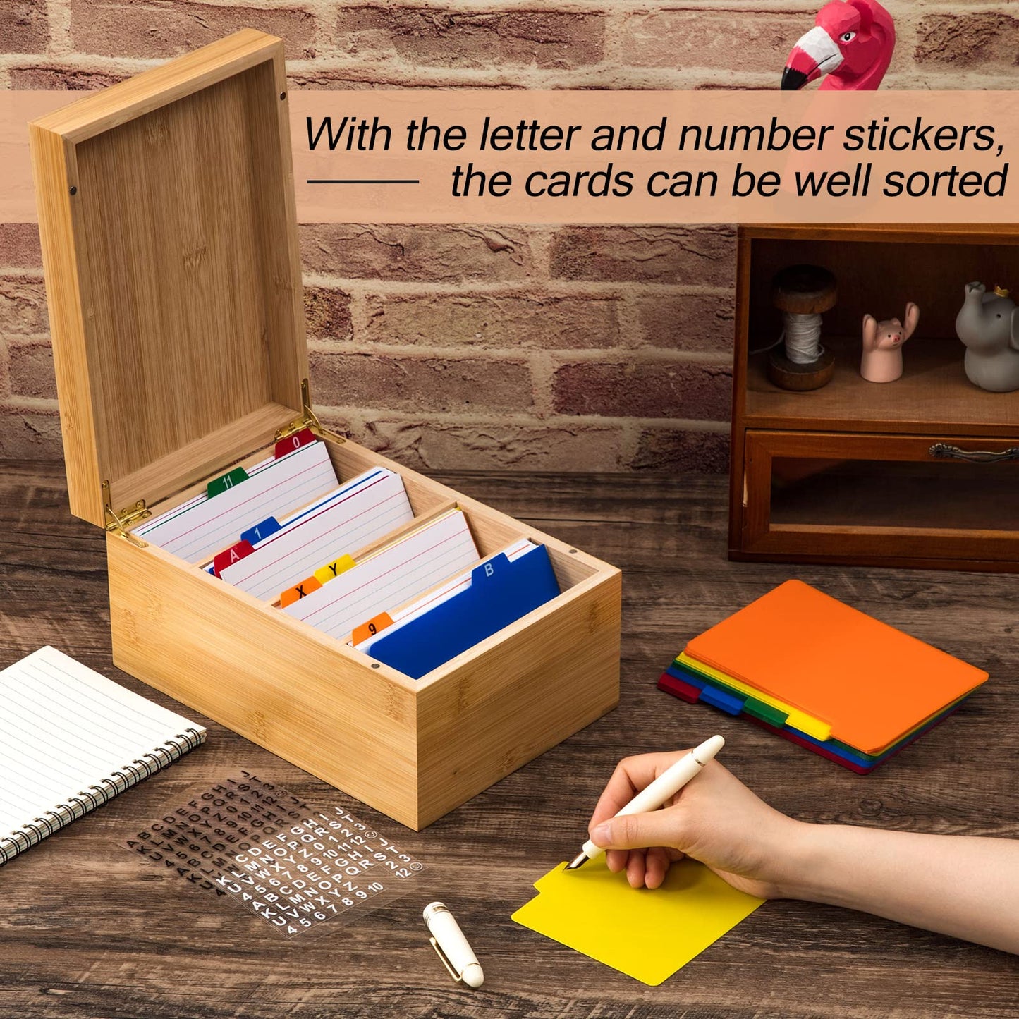 Henoyso 4 x 6 Inch Index Card Holder Set, Bamboo Organizer Box with 50 Dividers & 2 Sheets Alphabet Number Stickers File Note Holders, Holds 1200 Cards for Office Business Home Kitchen, Wooden Color
