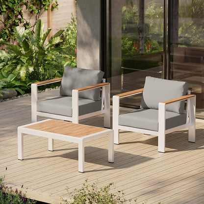 Aluminum Outdoor Sofa Bistro Set, 3 Piece Outdoor Patio Furniture Set with Washable Thick Cushion, Patio Sectional Furniture Set for Porch, Balcony, Deck, Yard, White