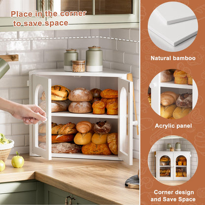 WOWLIVE Corner Bread Box for Kitchen Countertop, 2 Tier Bamboo Bread Storage Container for Homemade Bread with Clear Acrylic Door Panel, Large Bread Bin Farmhouse Breadbox Organizer (White, Medium)