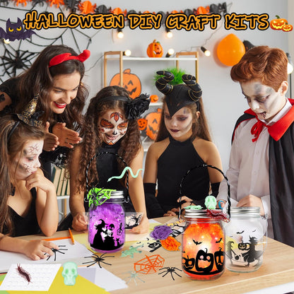 Halloween Craft for Kids,4PCS Halloween Mason Jar Kit with Accessories for Kids DIY,Halloween-Theme Art Activities Supplies Gifts for Kids Aged 4-12,Party Decoration Classroom Trick or Treat