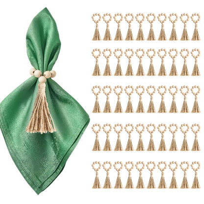 50 Pack Farmhouse Rustic Napkin Rings with Tassel Wood Bead Rings for Table Decor Boho Wedding Party Dining Spring Banquet