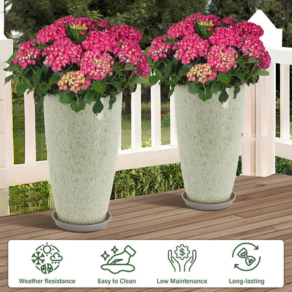 Neoaider Set of 2 Lightweight Ceramic-Look Tall Planter, 21 inch Large Plastic Planter with Drain Hole & Saucers, Large Outdoor Planters for Porch, Garden, Patio, Balcony(Drip Glaze)