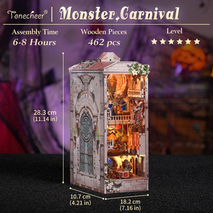 Tonecheer DIY Book Nook Kit for Adults, Double-Sided Booknook Wooden 3D Puzzle Bookend Miniature House Kit, Fantasy Bookshelf Decor with Dust Cover and LED Light for Birthday Gifts (Monster Carnival)