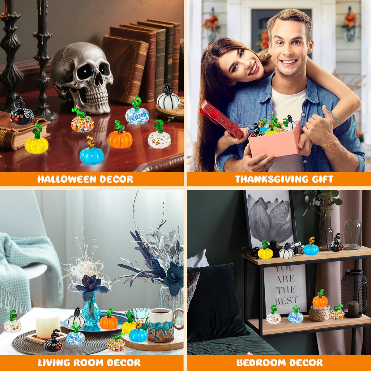 ALDMIO 8 Pcs Blown Glass Mini Pumpkin Decor, Mini Halloween & Thanksgiving Figurines, Glass Pumpkin Decorations for Fall & Harvest