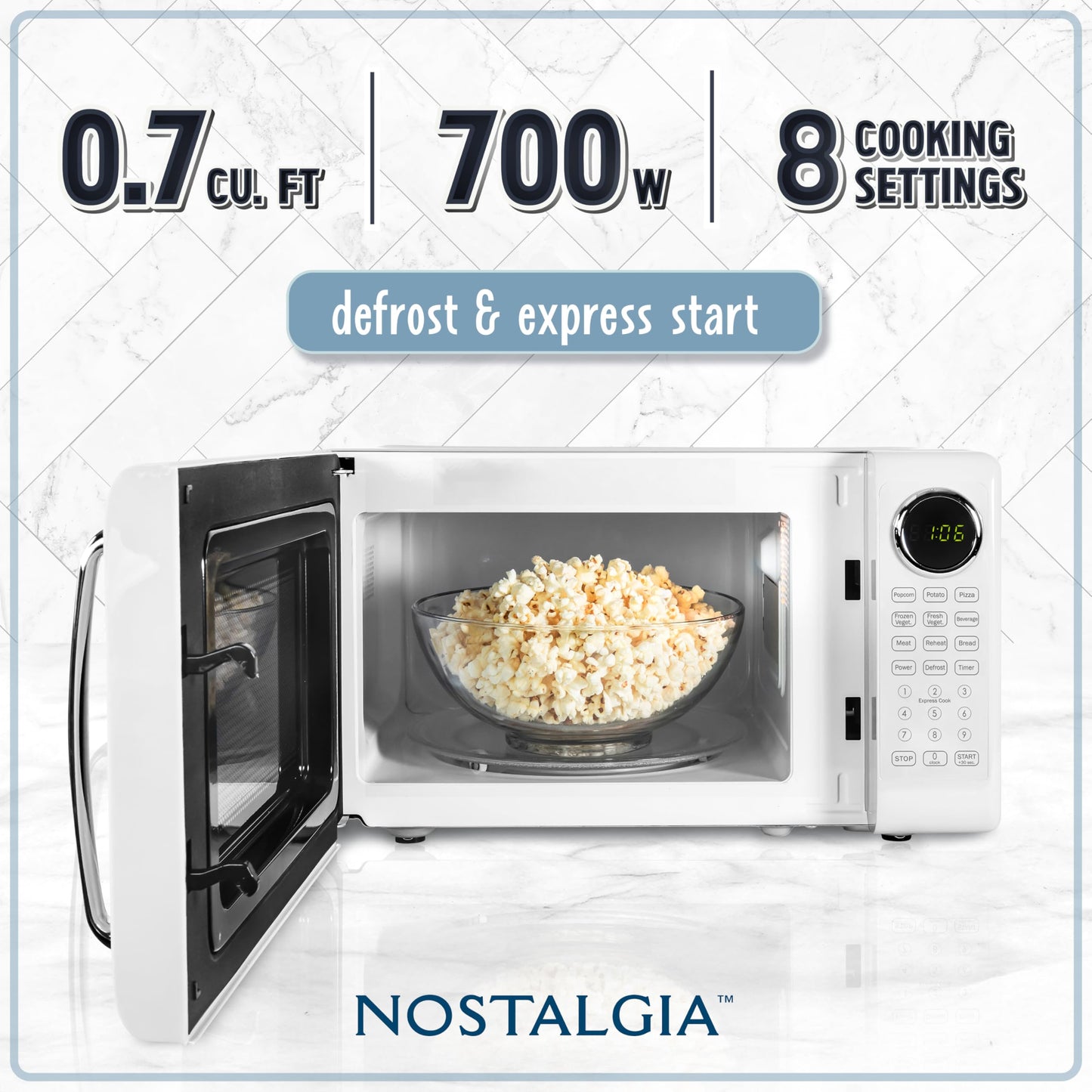 Nostalgia Retro Microwave Oven - 0.7 Cu Ft, 700-Watt Countertop Size with Glass Turntable, Child Safety Lock, 8 Auto-Cook Programs, Digital Clock - Aqua