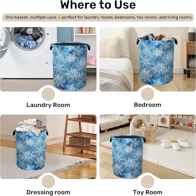Winter Laundry Basket, Snowflakes Laundry Hamper, Heavy Duty 60L Dirty Clothes