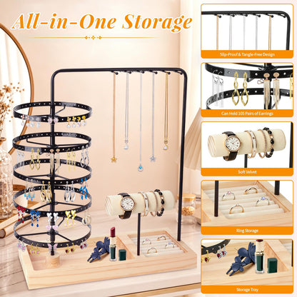5-Tier Rotating Jewelry Organizer,Earring Holder Tree with Necklace Hooks, Bracelet Holder & Wooden Base, Multi-Functional Jewelry Stand for Women (Earring Rack, Necklace Organizer, Jewelry Tower)